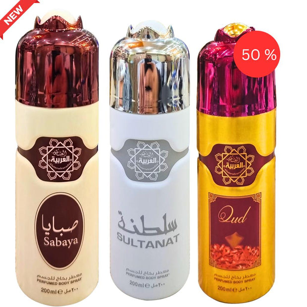 Perfumed Scent Arabic Body Spray Pack of 3 Big Bottle 200ml Each Sabaya | Sultanat | Oud Long Lasting High Executive Upper Level Quality