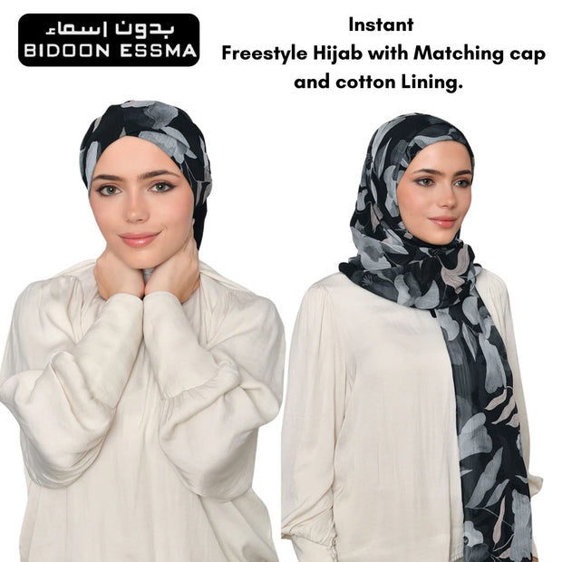 Instant Free Style Hijab with Matching  Inner Cap with Cotton Lining | Pinless Hijab with Cap